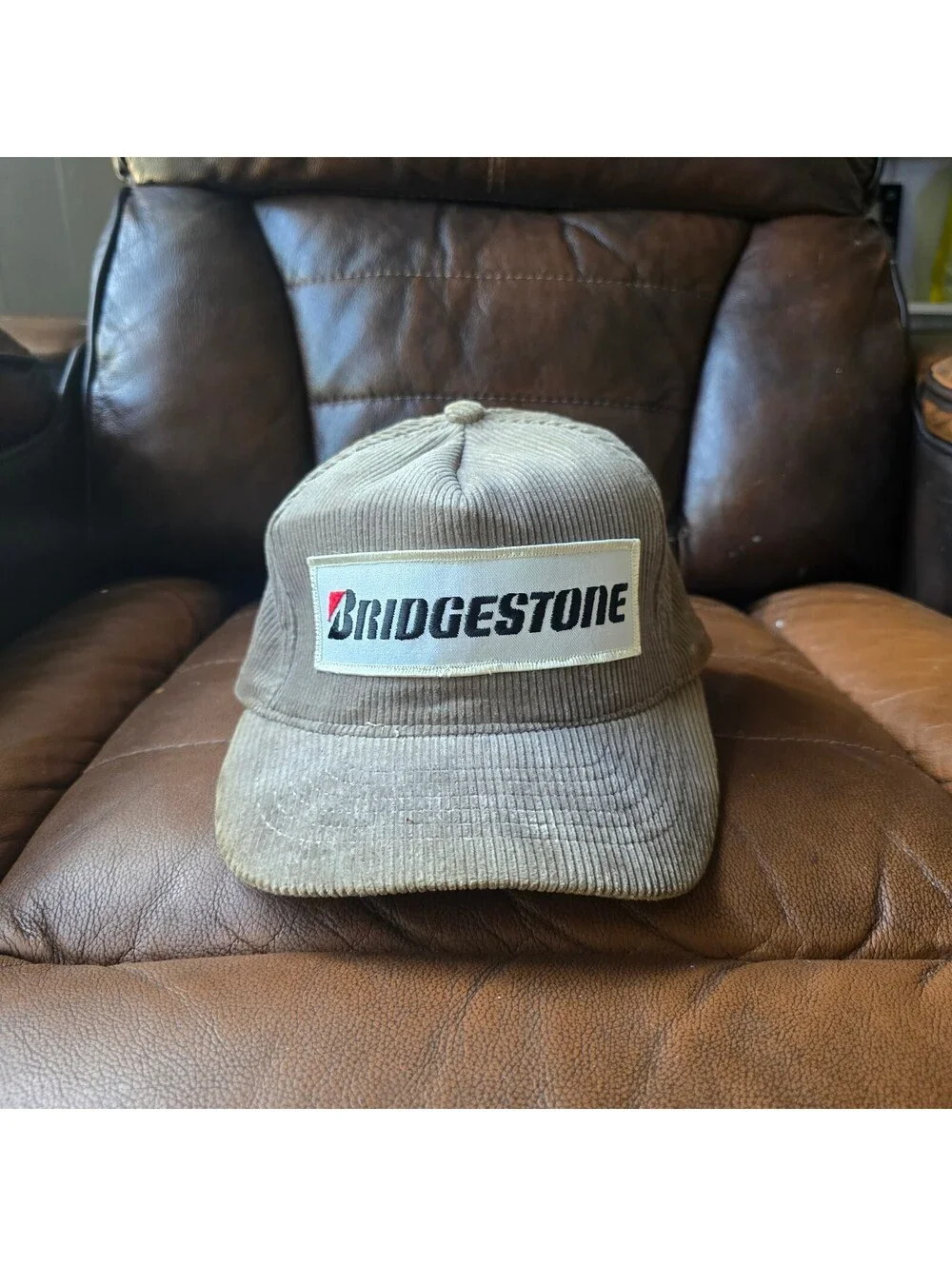 Bridgestone Tires Patch Corduroy Snapback Trucker Hat grey/brown As-Is
